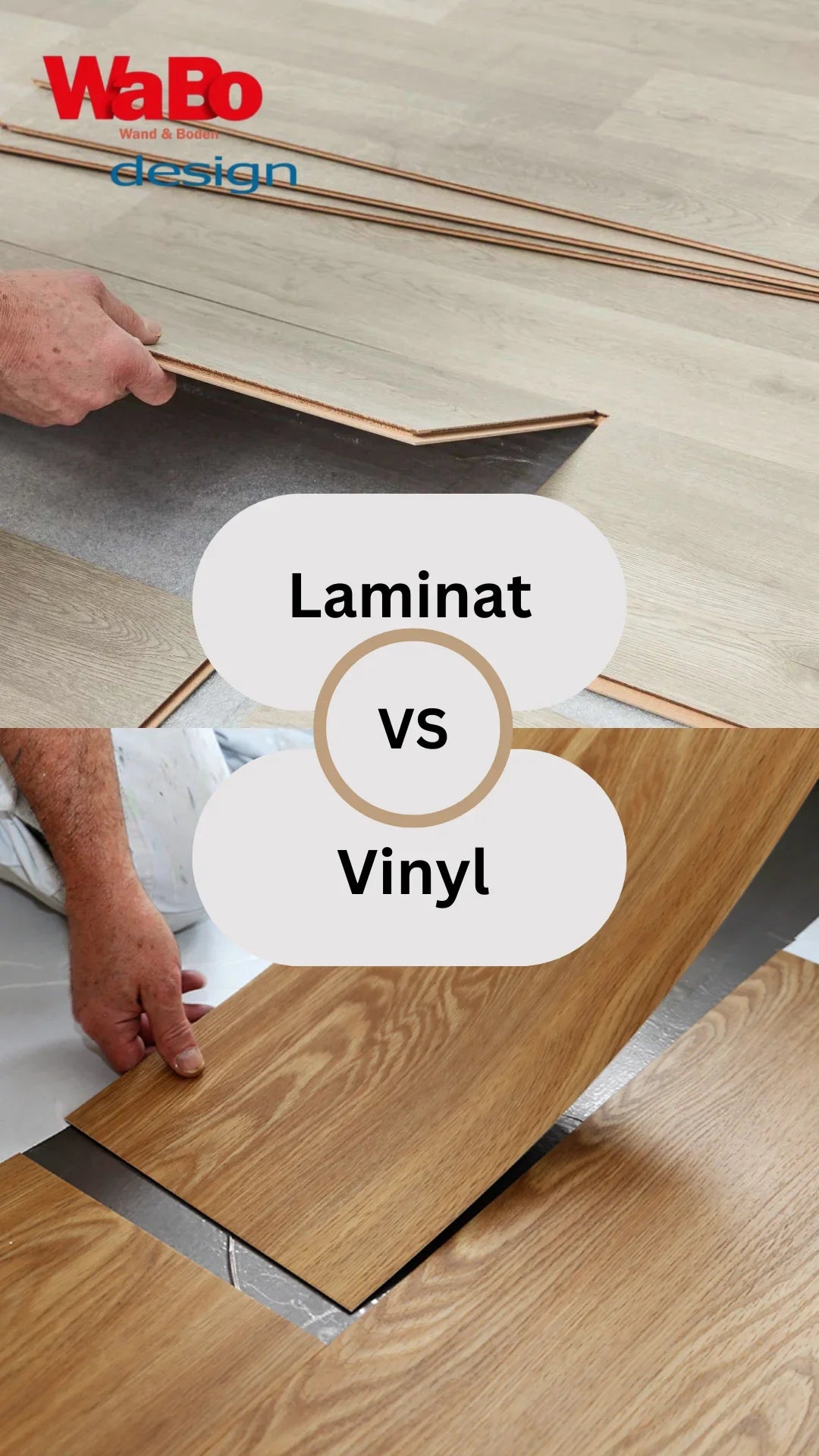Ein Vergleich zwischen Laminat und Vinylboden. Oben wird Laminat verlegt, unten Vinylboden.
