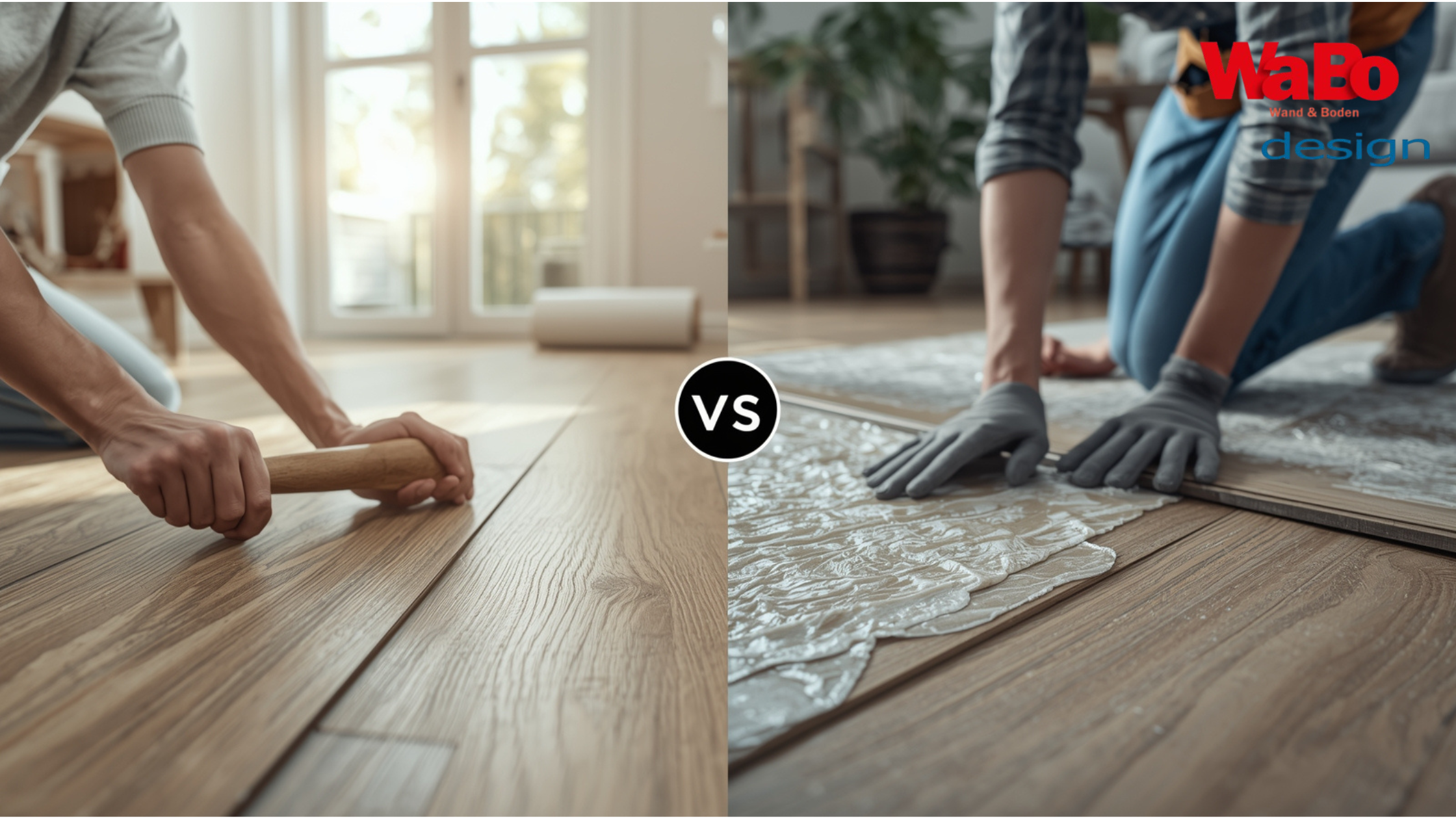 Vergleich DIY-Click-Vinylboden vs. Profi-Klebevinyl – links einfache Klickverlegung in Eigenregie, rechts professionelle Verklebung durch Handwerker.