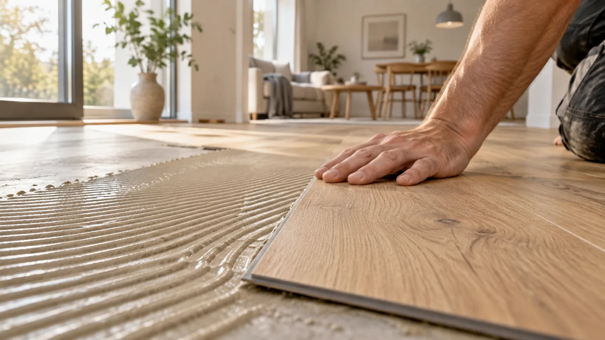 Nahaufnahme beim Klebevinyl verlegen: Eine Eichendiele wird auf frisch mit dem Zahnspachtel aufgetragenen Kleber gelegt, die Kammrillen sind sichtbar.