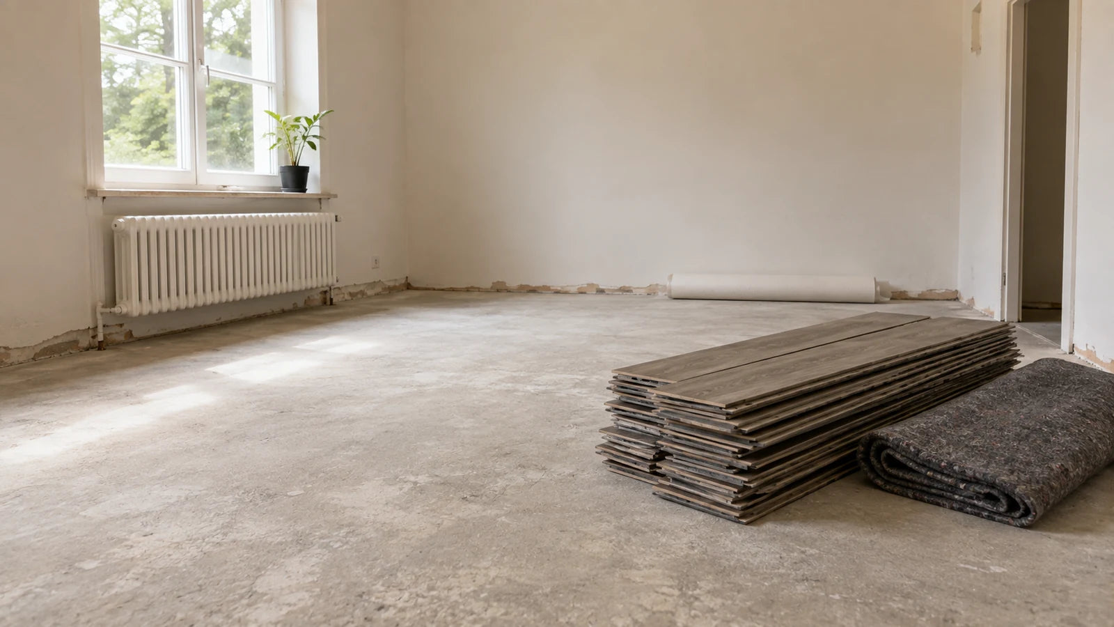 Leergeräumter Raum mit gestapelten alten Vinylplanken, bereit zur fachgerechten Entsorgung