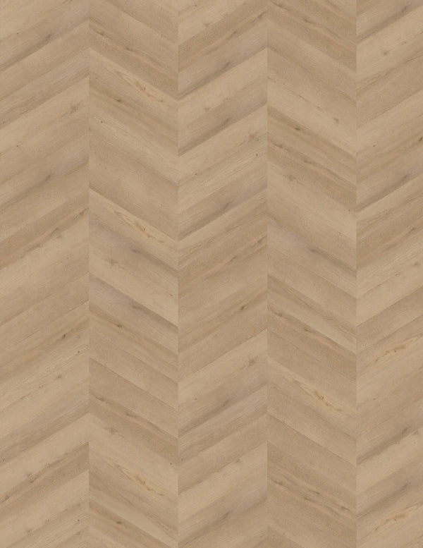 IPC Opal Chevron Eiche Delft Vinylboden, Klebevinyl mit hellem Holzdesign und Chevron-Muster, liegt flach auf dem Boden.