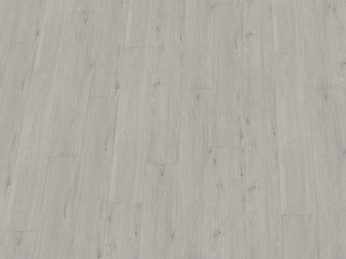 Vinylboden IPC Rubin XL Eiche perlgrau, Klebevinyl, Laminatboden mit Holzmaserung und perlgrauer Oberfläche.
