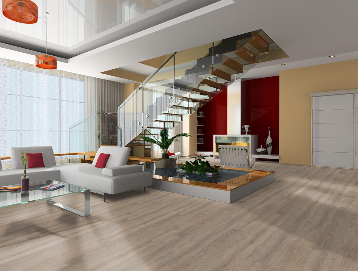Heller Vinylboden IPC Rubin XL Eiche Teebraun, Klebevinyl, mit Holzmaserung und glatter Oberfläche, im Raum verlegt.