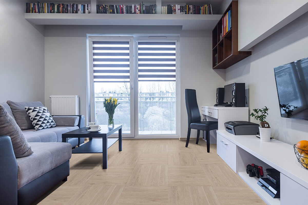 IPC Rubin XS Vinylboden Fischgrät Eiche steinweiß, Klebevinyl, detailreiche Holzmaserung und elegante Fischgrät-Optik.