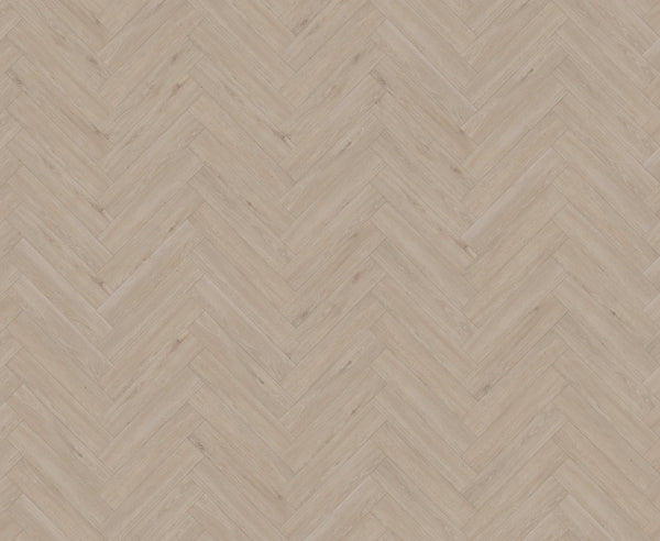 Vinylboden IPC Rubin XS Fischgrät Eiche steinweiß, Klebevinyl, detailreiche Holzmaserung und elegante Fischgrätmuster.