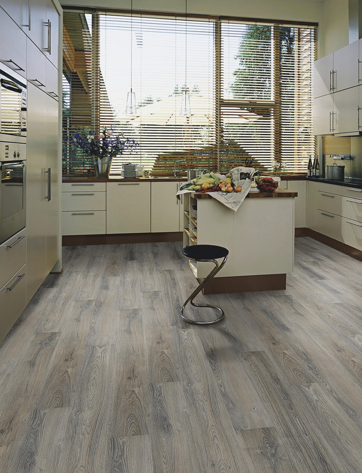 Vinylboden IPC Saphir Plus Eiche graubeige, Klebevinyl, Nahaufnahme der Holzstruktur und Oberfläche.