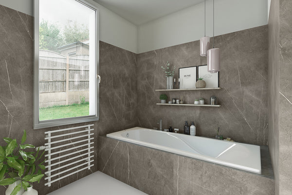Vinylboden Ceramin Marmi Magallan Grey, PVC-freie Designfliese in grauer Marmoroptik, detailreiche Textur, elegante Oberfläche