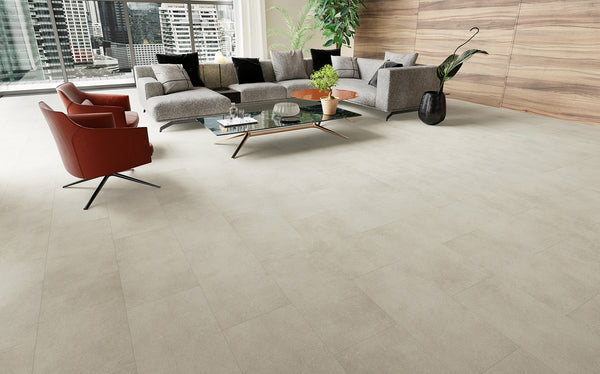 Vinylboden Ceramin Donna Oryx Weiß, PVC-freie Designfliese mit weißem Muster, langlebige und stilvolle Vinylbodenfliese