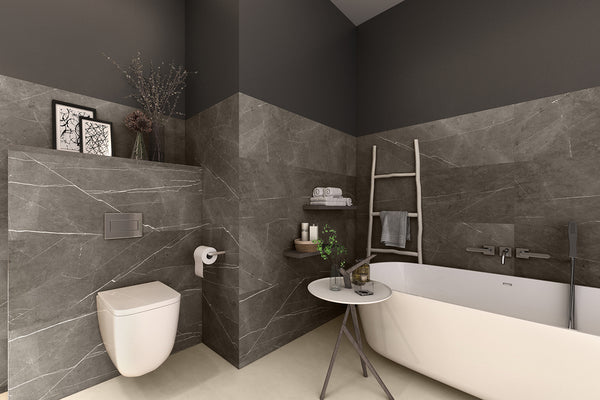 Ceramin Vinylboden Caletta Moonstone Grey, PVC-freie Designfliese mit grau-marmoriertem Muster, detailreiche Textur sichtbar