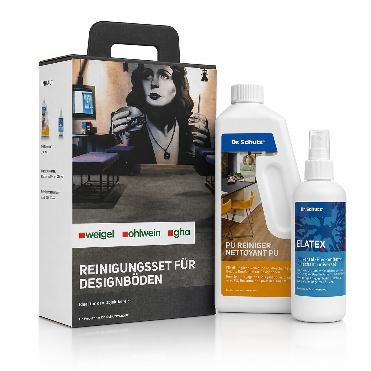 Pflegeset von Dr. Schutz mit PU Reiniger und Elatex Fleckentferner für Designböden, in 750 ml und 200 ml Flaschen, Pflegeprodukte.