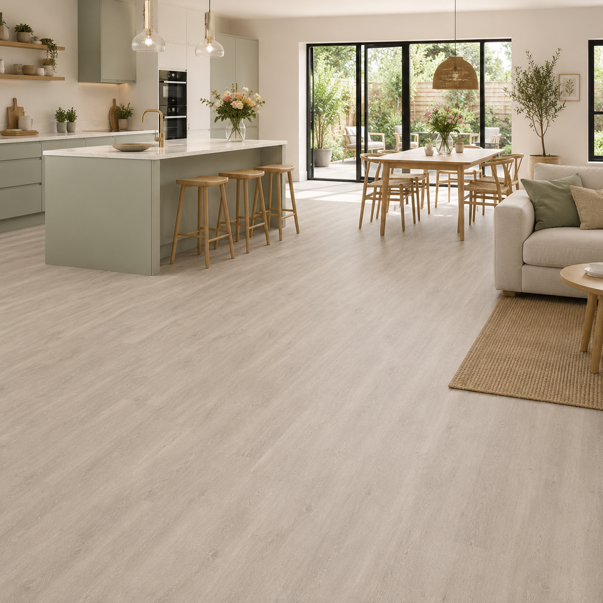 Vinylboden Liberty Urban 55 Dove in einem modernen Wohnzimmer, detailreiche Nahaufnahme des Klebevinyl-Bodenbelags.