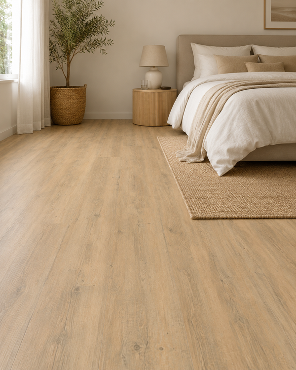Liberty Urban 55 Moon Klebevinyl in sehr hellem Weiss-Beige, verlegt in einem ruhigen Schlafzimmer