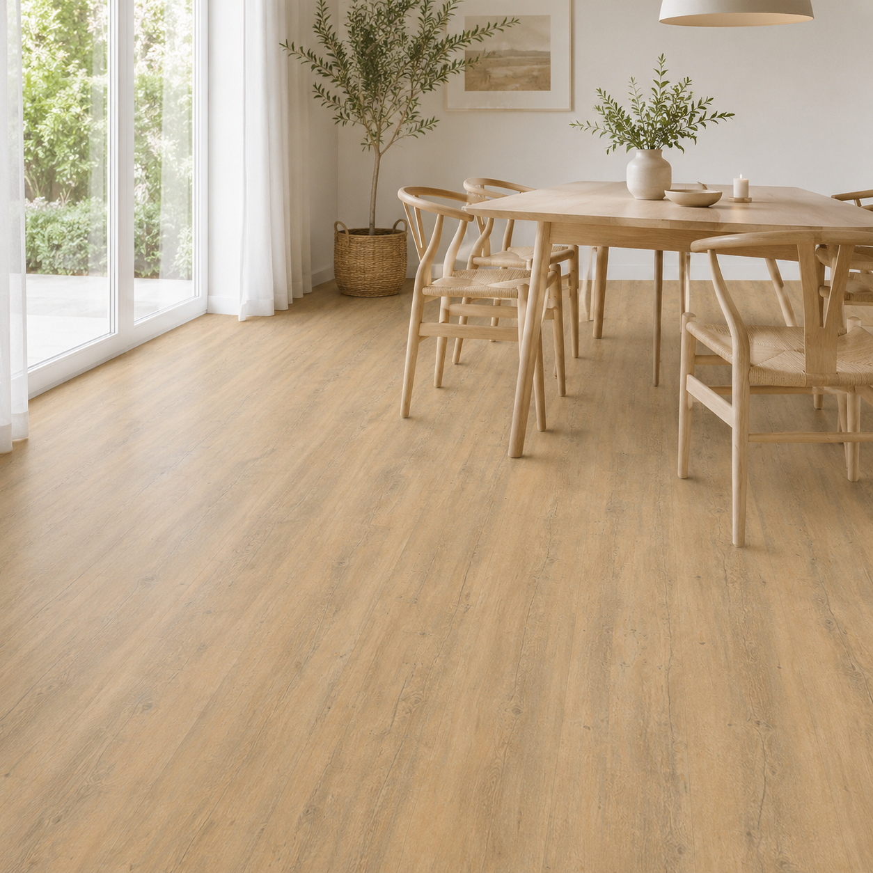 Liberty Urban 55 Moon Vinylboden in Sitzecke, hellgrauer Klebevinyl mit mattem Finish, modernes Design für Wohnraum.