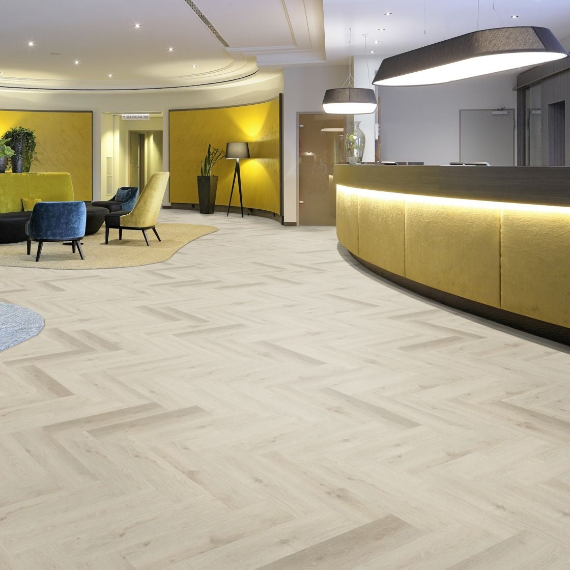 Vinylboden Project Floors floors@work PW 4220 Fischgrät, Klebevinyl, 610×152 cm, detailreiche Fischgratmuster auf Boden.