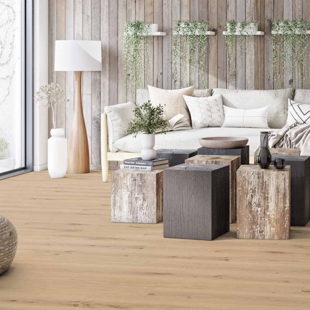 Tarkett iD Essence 55 Primary Oak Beige Vinylboden, Klebevinyl mit hellem Eichenholz-Design, langlebig und stilvoll.