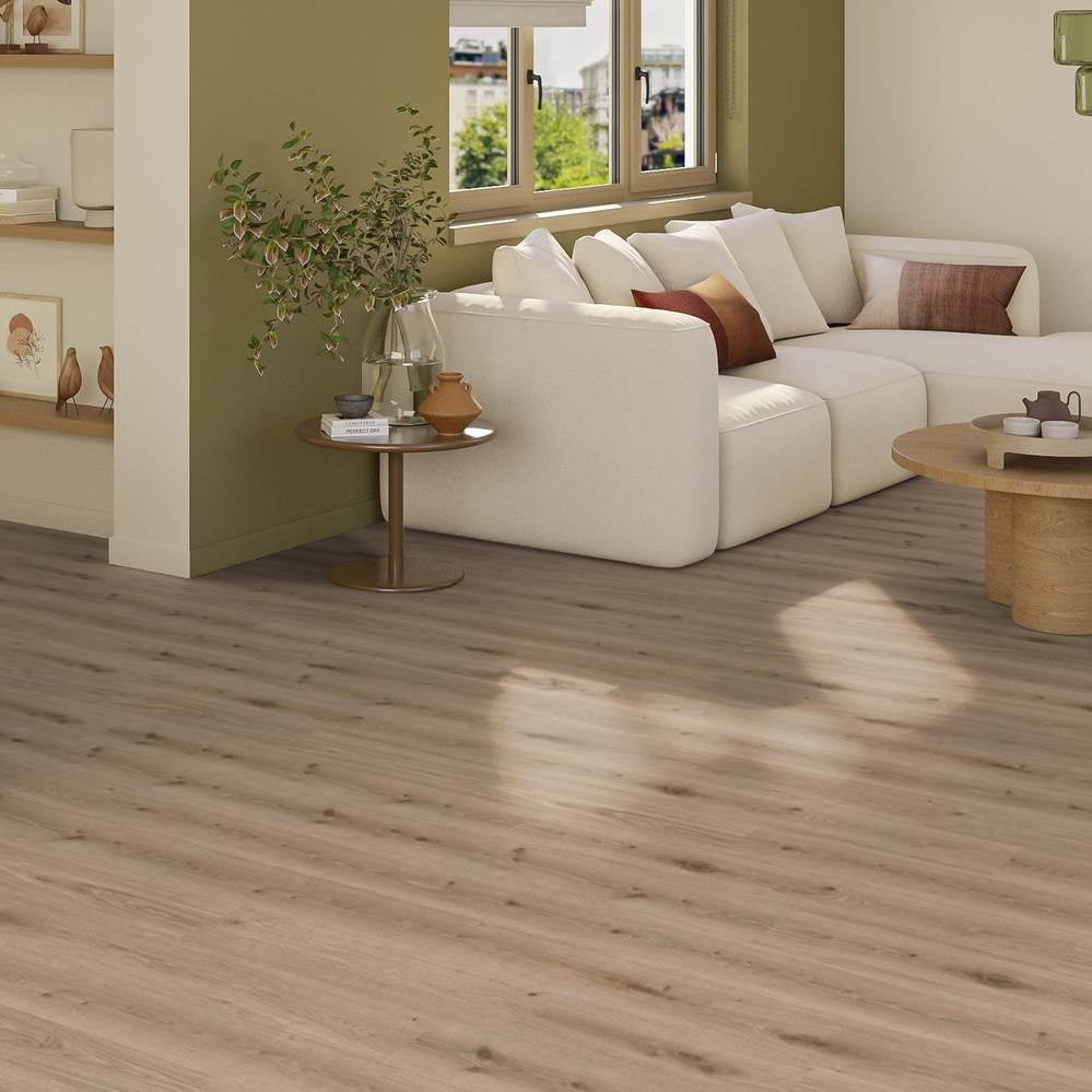 Vinylboden Tarkett iD Essence 55 Primary Oak Light Grey, Klebevinyl mit Holzstruktur und heller Graufarbe, natürlicher Look.
