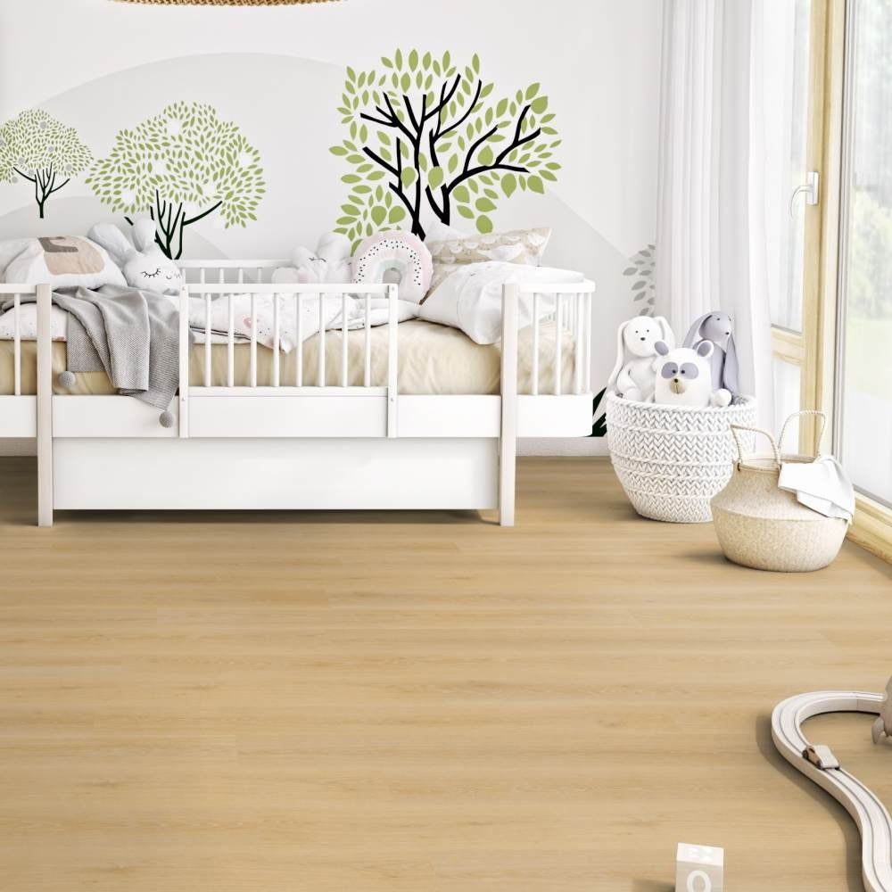 Vinylboden Tarkett iD Essence 55 Tribe Oak Light Natural mit hellem Eichenmuster, Klebevinyl, realistisches Holzdesign.