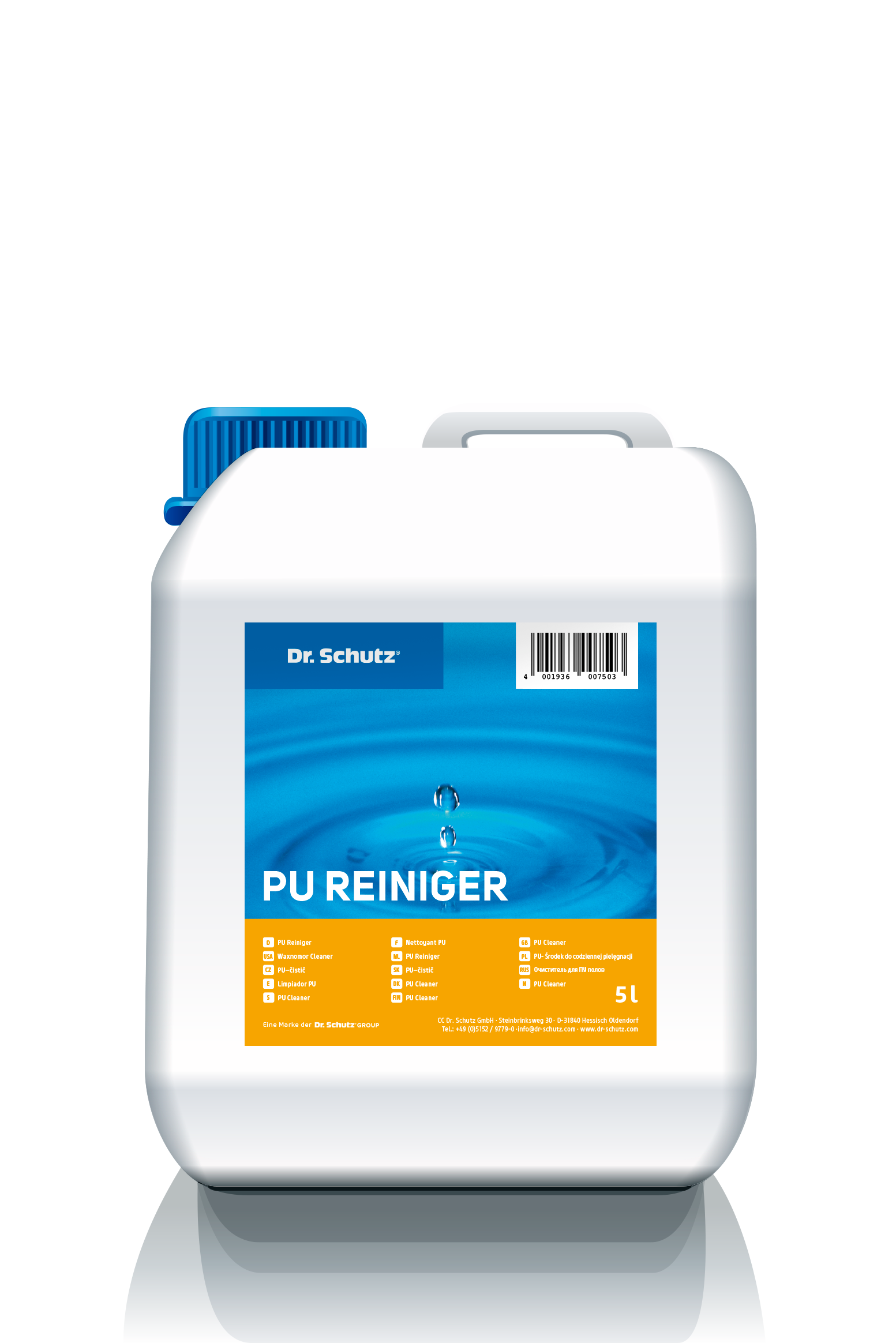 Dr. Schutz CC PU-Reiniger 5 l, Pflegeprodukt für Vinyl- und Designböden, zeigt einen weißen Eimer mit Reinigungsflüssigkeit