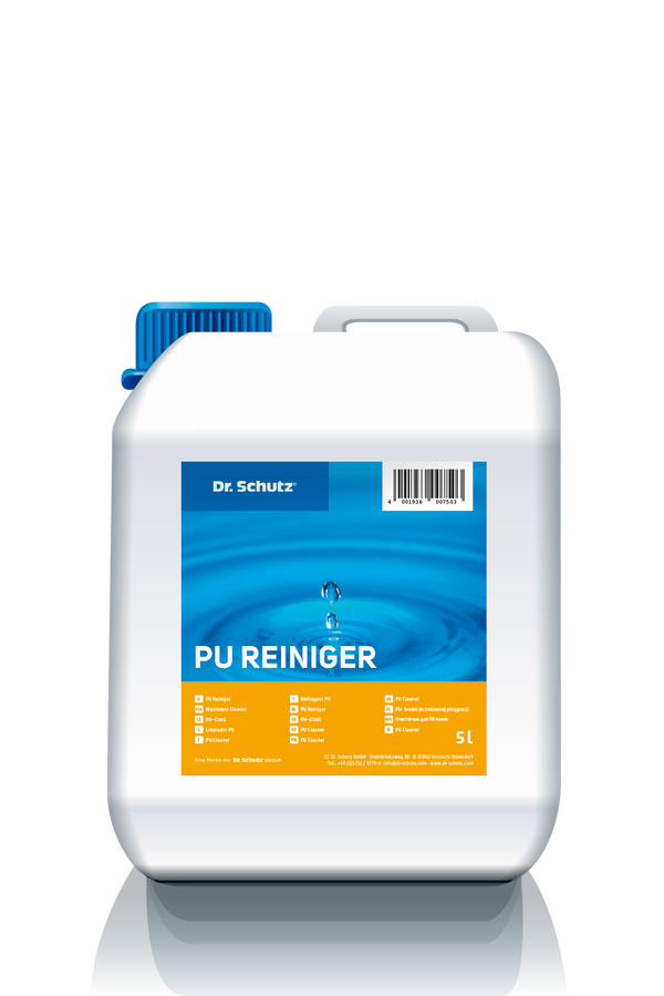 Dr. Schutz CC PU-Reiniger 5 l, Pflegeprodukt für Vinyl- und Designböden, zeigt einen weißen Eimer mit Reinigungsflüssigkeit