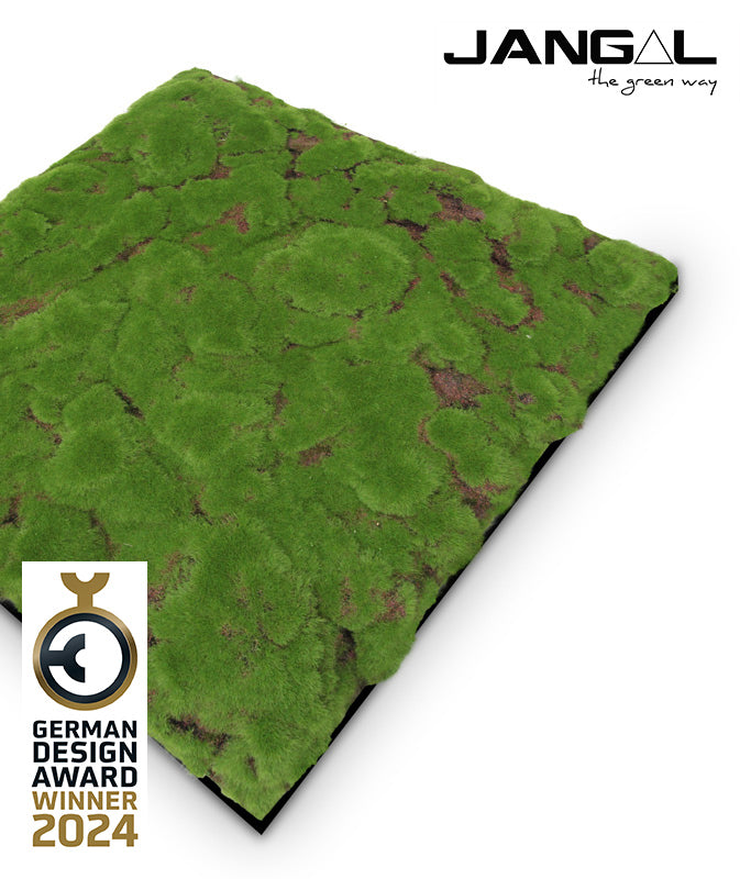 Jangal Wandpaneel aus Moos in Grün, modulare Naturwandgestaltung, 52 x 52 cm, mit grüner Pflanzen- und Moosoptik.