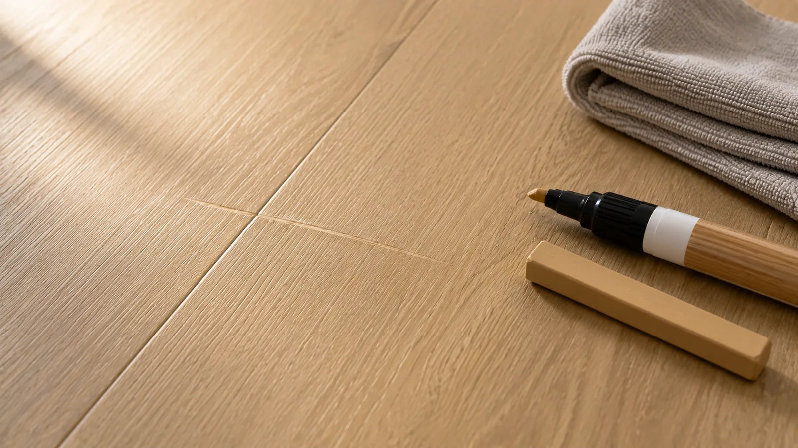 Feiner Kratzer im Vinylboden mit Reparaturstift und Wachsstab zur Ausbesserung