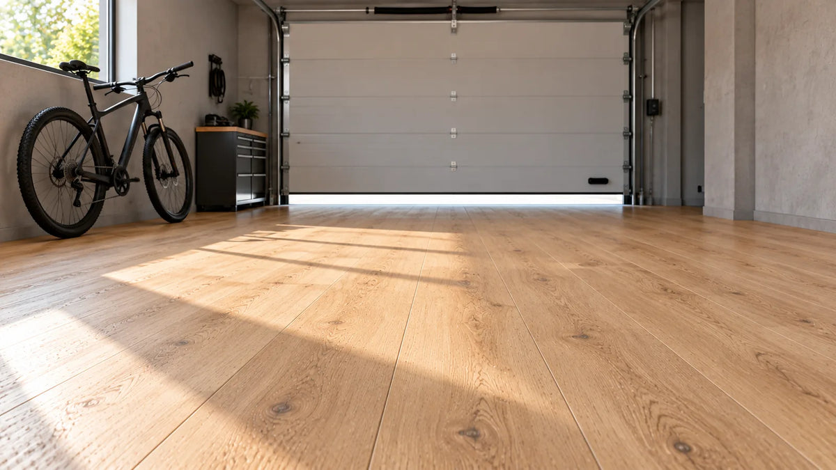 Vinylboden in heller Eichenoptik in der Garage, verlegt vor einem geschlossenen Garagentor.