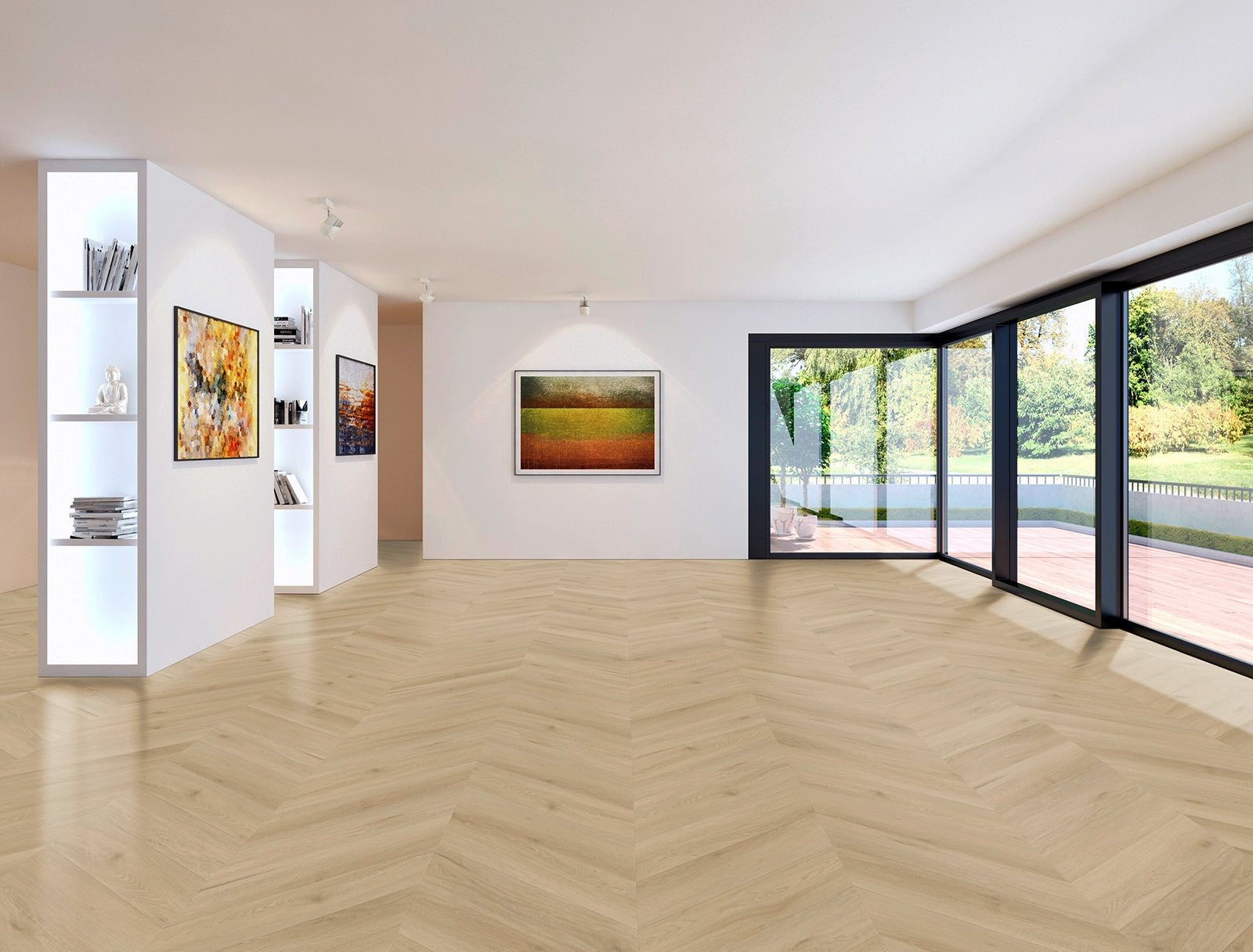 Vinylboden IPC Opal Chevron Eiche Den Bosch mit Holzmaserung und Chevron-Design, Klebevinyl, Nahaufnahme der Oberflächenstruktur