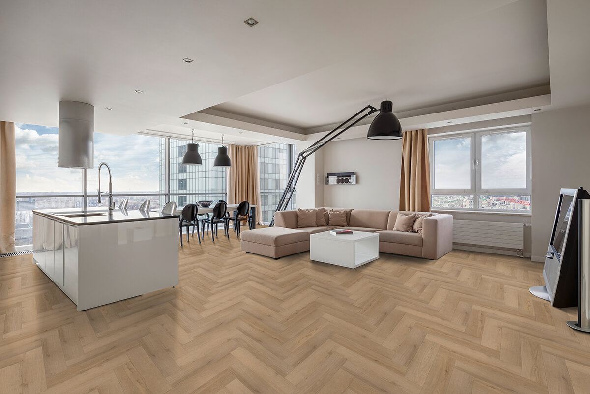 Vinylboden IPC Opal XS Fischgrät Eiche Delft, Klebevinyl mit Holzmaserung, für stilvolle Raumgestaltung, Detailaufnahme
