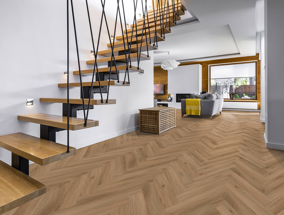 IPC Opal XS Fischgrät Vinylboden aus Eiche Alkmaar, Klebevinyl mit Fischgrätmuster und eleganter Holzoptik.