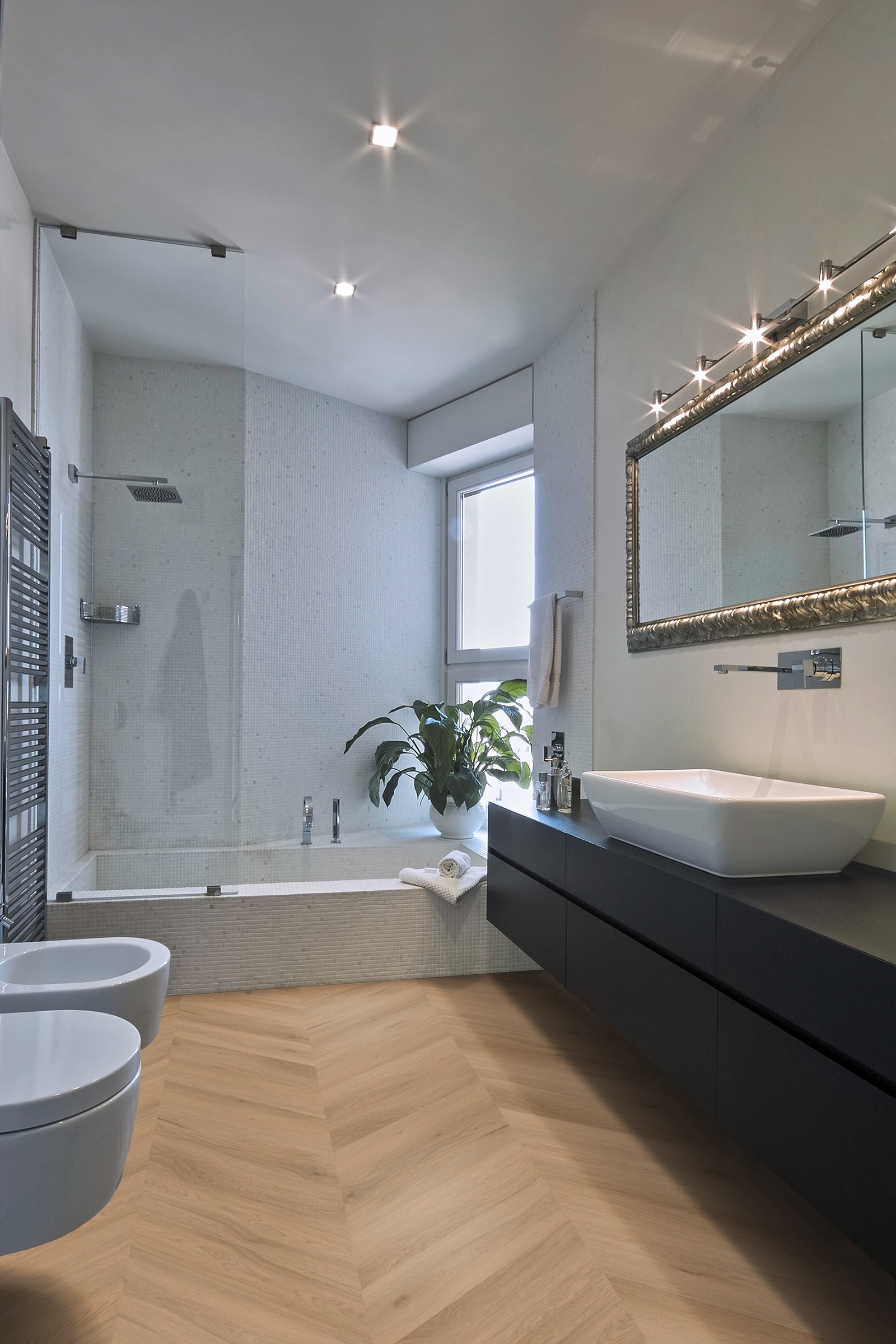 Vinylboden IPC Opal Chevron Eiche Alkmaar, Klebevinyl mit echtem Eichenmuster und Chevron-Design, sichtbare Vinyloberfläche