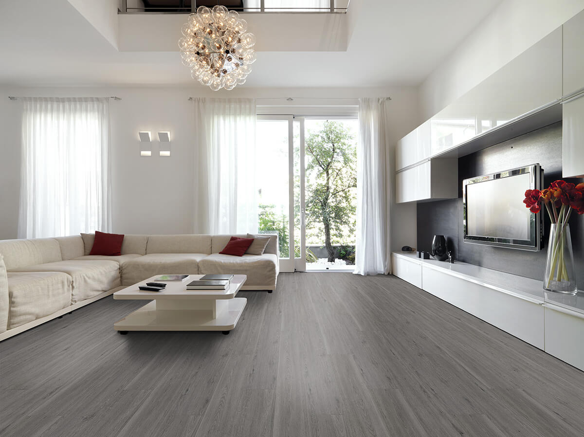 Vinylboden IPC Rubin XL Eiche asphaltgrau, Klebevinyl, sichtbare Oberfläche mit Eichenmuster und Asphaltgrau-Farbton