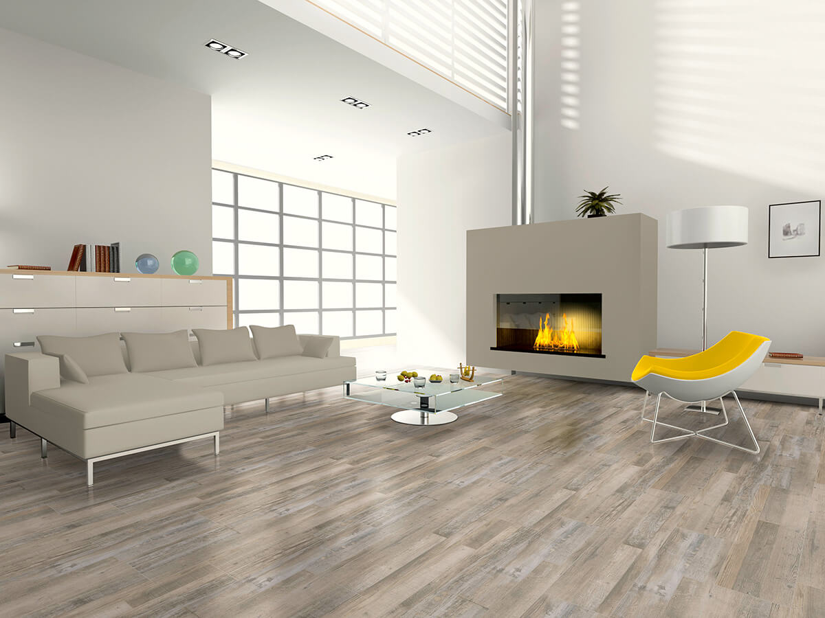 Vinylboden IPC Rubin XL aus Fichte, Eiche und Altholz in Birkengrau, detailreiche Holzstruktur, langlebiges Klebevinyl.