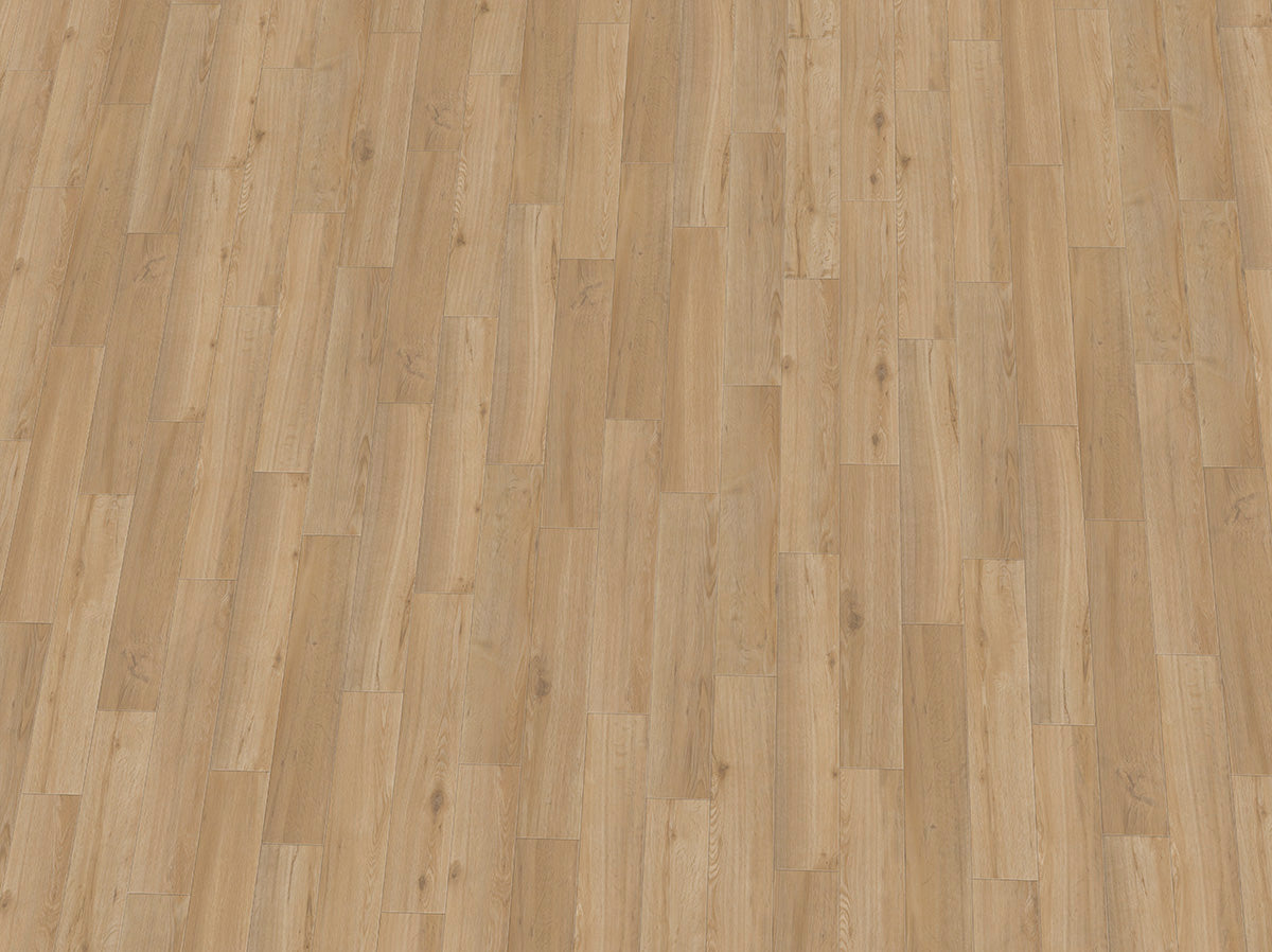 Naturfarbener IPC Rubin XS Vinylboden mit Fischgrätmuster aus Eiche, Klebevinyl, detailreiche Holzstruktur sichtbar