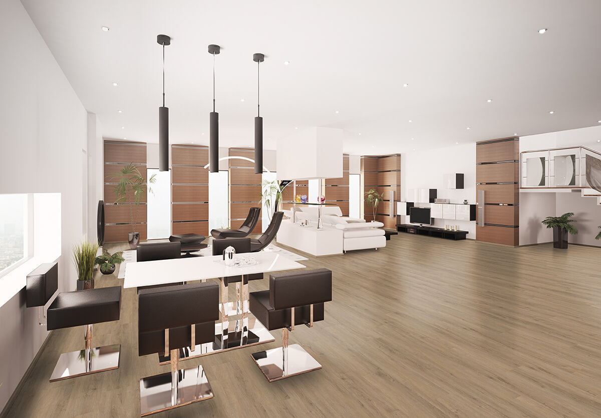 Heller Klick-Vinylboden IPC PWK 0,55 Rom mit Holzoptik, glatte Oberfläche und sichtbare Klick-Verbindung in natürlichem Design