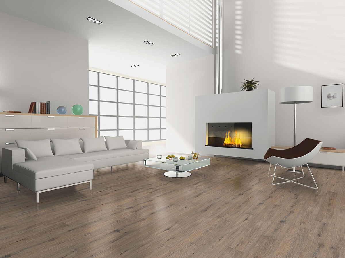 Vinylboden IPC Saphir Plus Eiche austergrau mit Holzmaserung und moderner Optik, langlebige Klebevinyl-Bodenbelag in Eiche-Design.