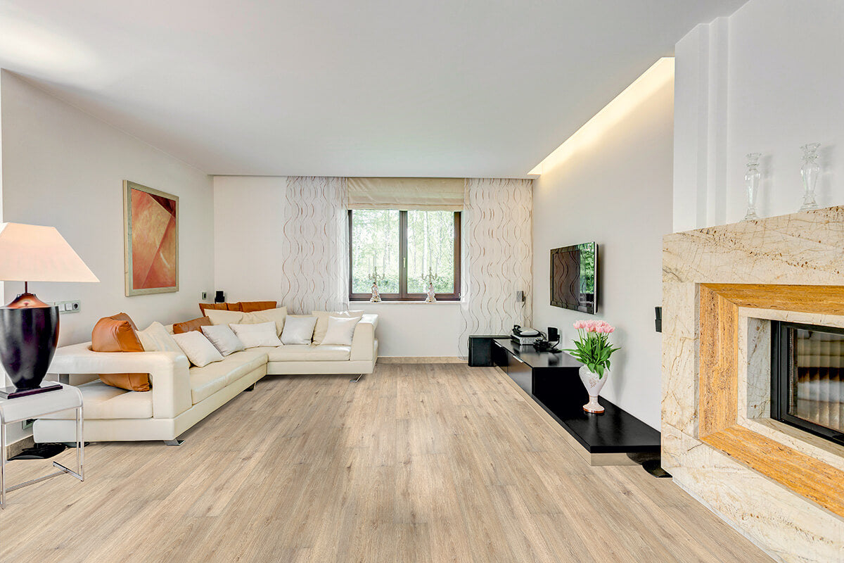Vinylboden IPC Saphir Plus Eiche felsgrau in einem Raum, Klick-Vinyl, Holzoptik, langlebiger Bodenbelag