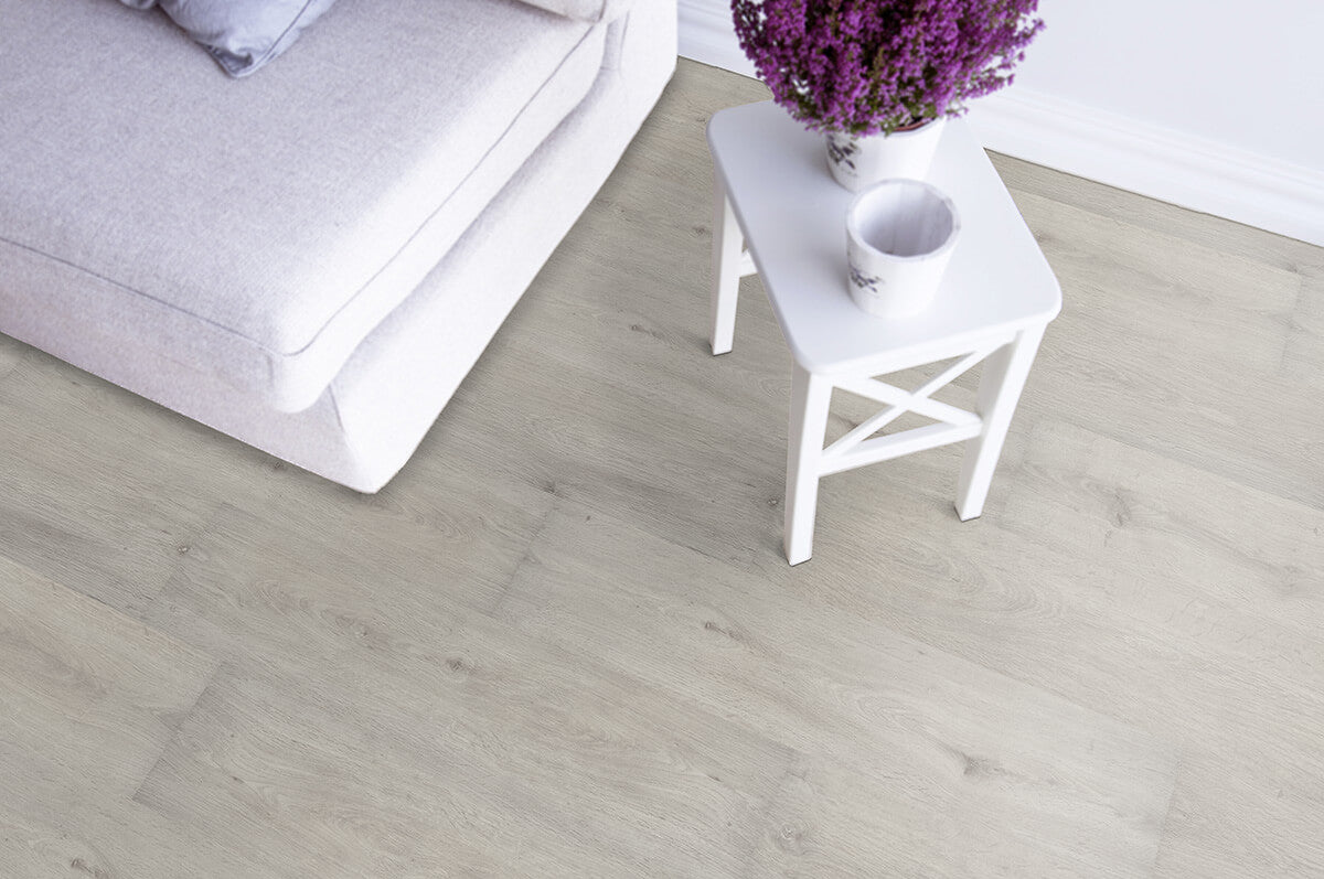 Vinylboden IPC Saphir Plus Eiche perlgrau, Klebevinyl, dekorativer Bodenbelag mit Holzoptik, detailreiche Textur sichtbar