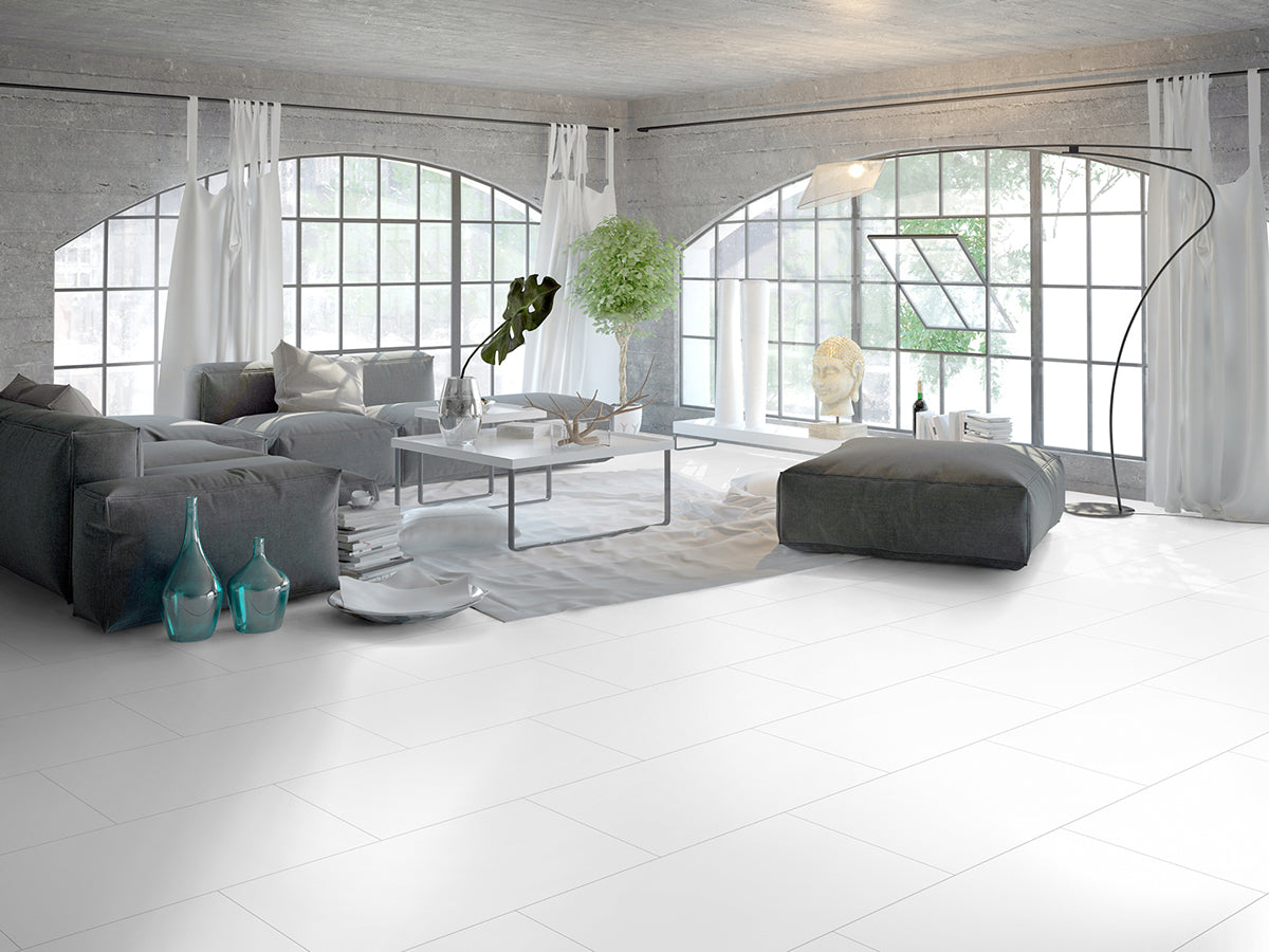 Vinylboden Ceramin Luna Virgin White Fliese, PVC-freie Designfliese mit weißem Muster, hochwertige Vinylbodenplatte