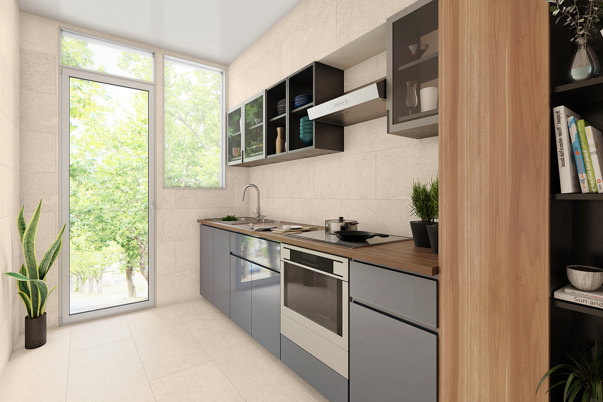 Vinylboden Ceramin Monticelli in hellbeige, PVC-freie Designfliese mit modernem, hellen Holzmaserungsmuster, langlebig und stilvoll.