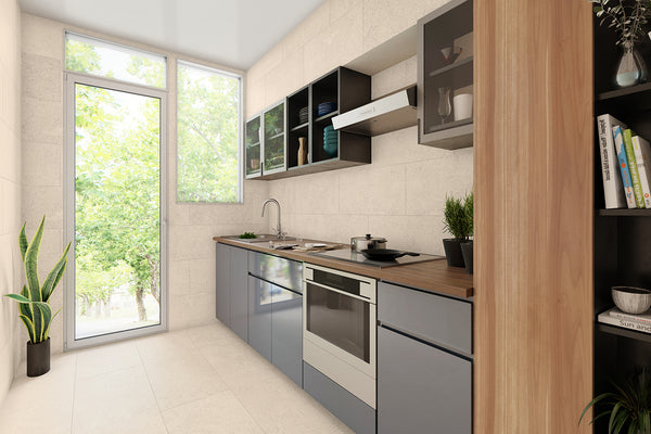 Vinylboden Ceramin Monticelli in hellbeige, PVC-freie Designfliese mit modernem, hellen Holzmaserungsmuster, langlebig und stilvoll.