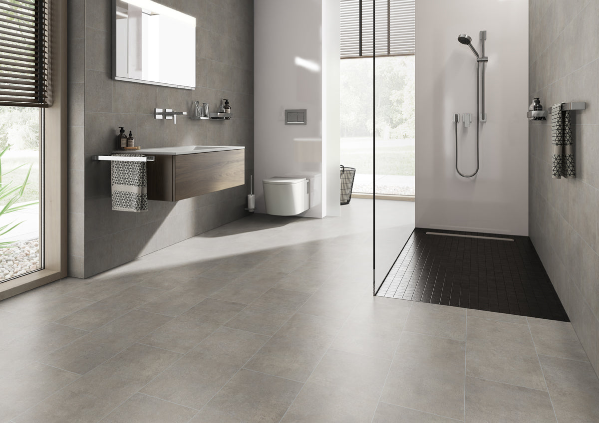 Vinylboden Ceramin Tiles Barone Antartic Grey, PVC-freie Designfliese in grauer Steinoptik, detailreiche Textur und modernes Design