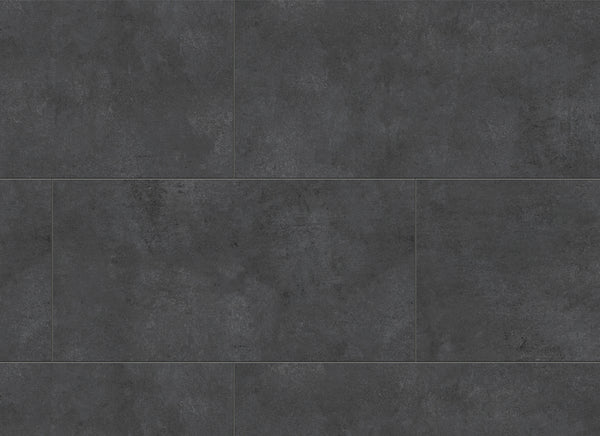 Vinylboden Ceramin Tiles Avola Vesuvius Anthrazit, PVC-freie Designfliese mit anthrazitfarbenem Muster und texturierter Oberfläche.