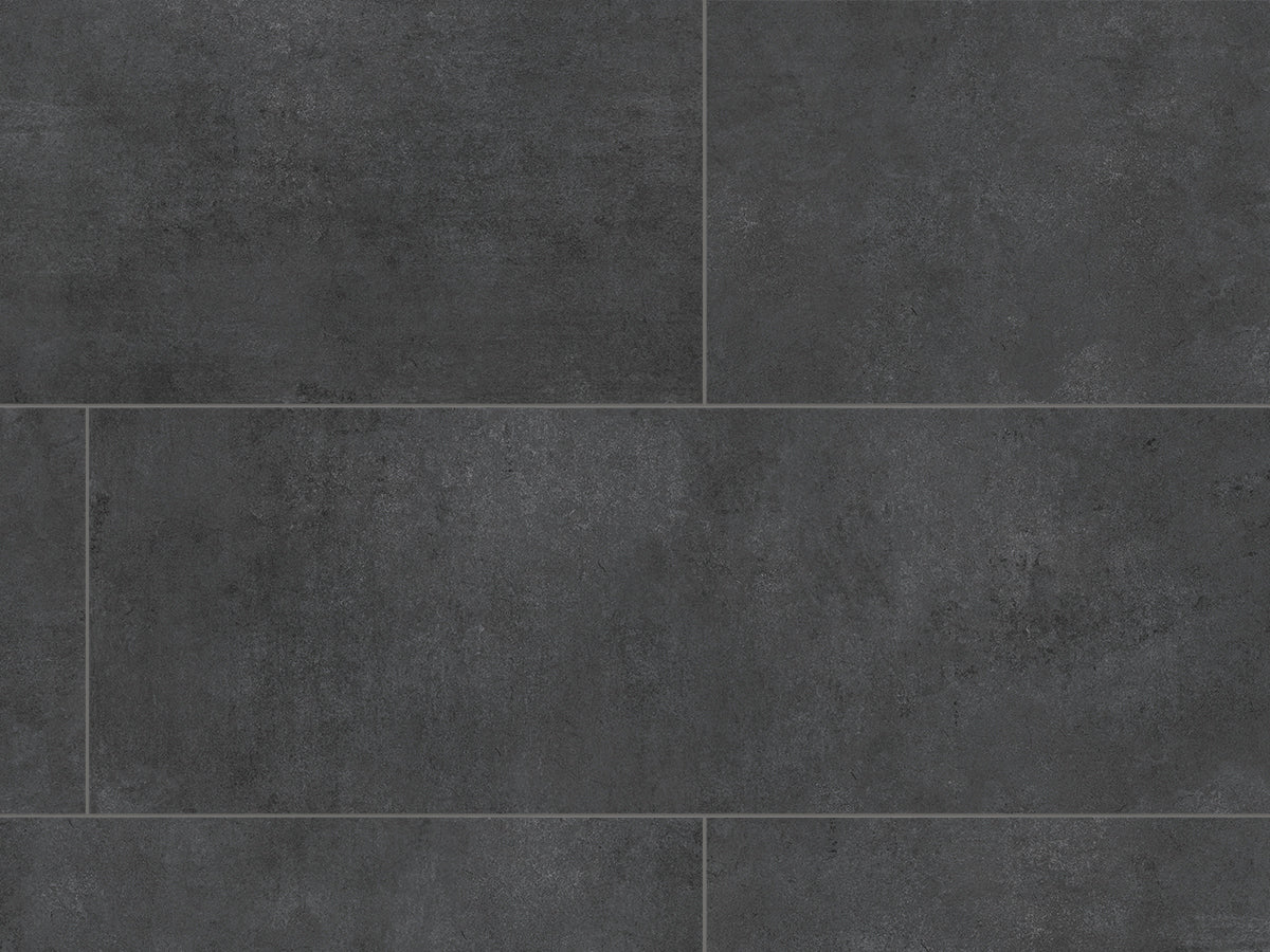 Ceramin Vinylboden Avola Vesuvius Anthrazit, PVC-freie Designfliese mit dunkler, strukturierter Oberfläche, authentischer Steinoptik