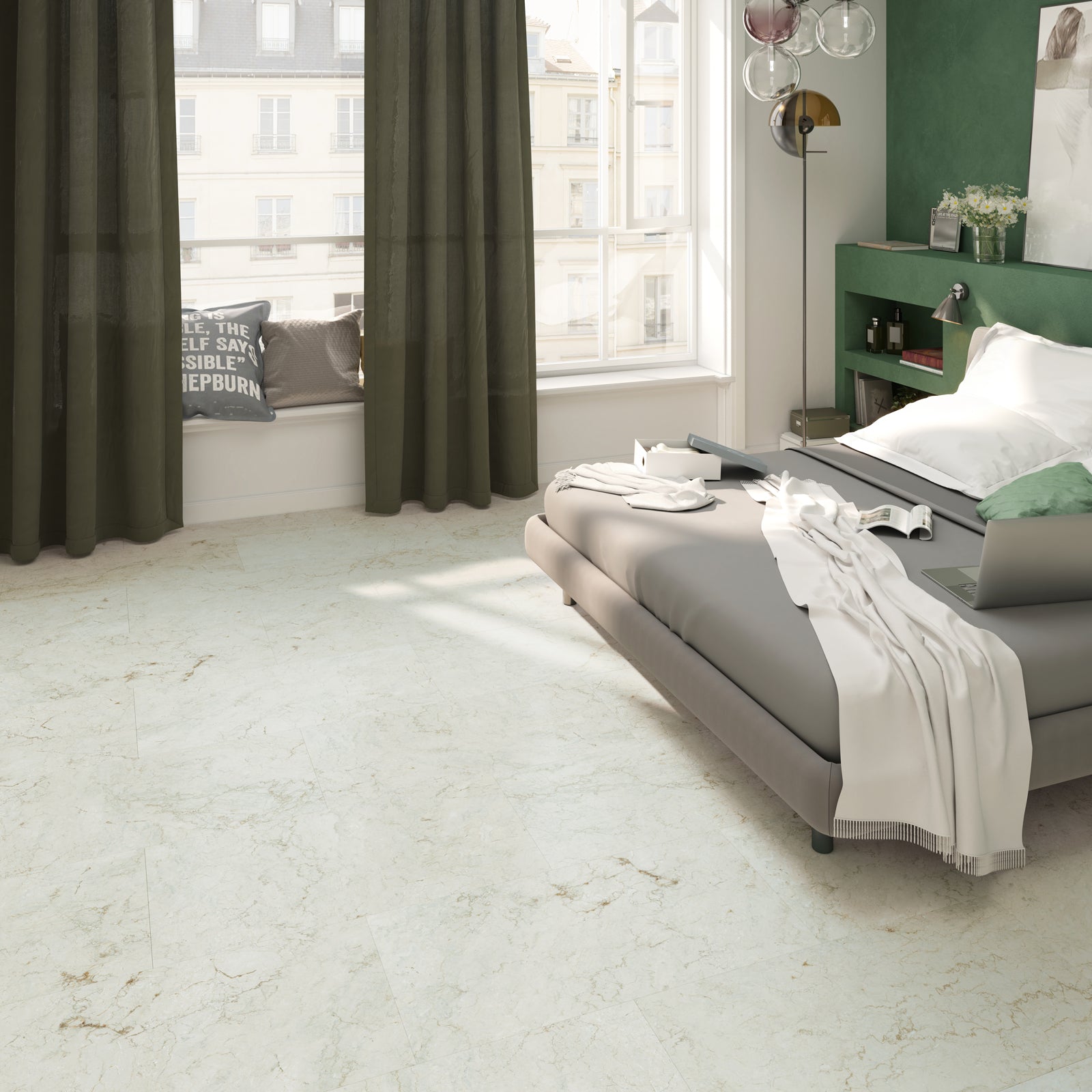 Weiße Vinylbodenplatte Ceramin Nuva Rock Marble im Klebe-Design, 78 x 39,8 cm, detailreiche Marble-Optik
