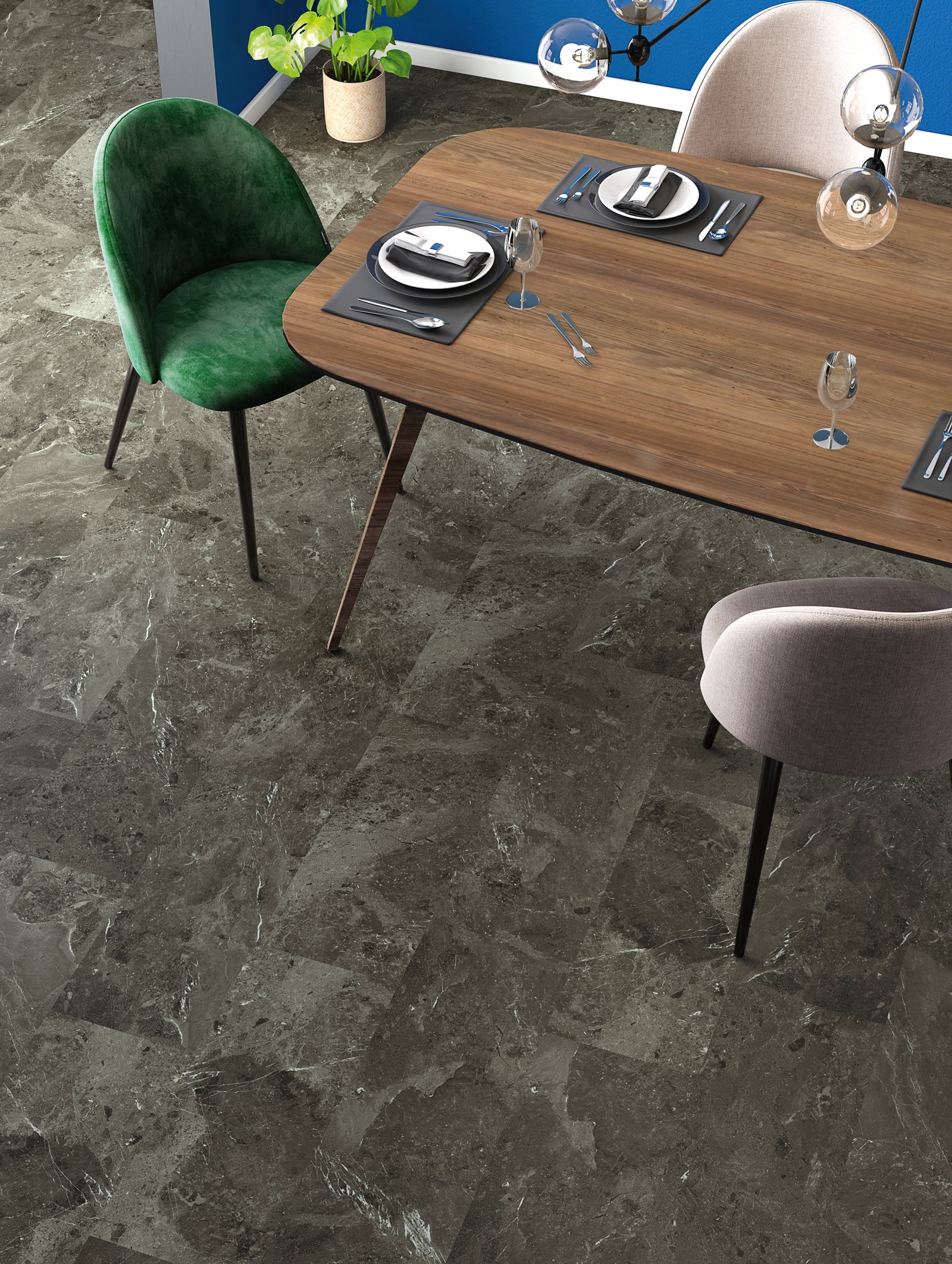 Ceramin Nuva Rock Moon Stone Dunkelgrau Vinylboden, Klebe-Designboden mit dunklem, marmoriertem Steinmuster, 780x398mm