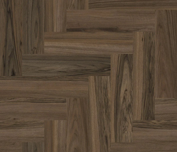 COREtec Naturals Vinylboden im Fischgrätmuster in Juglans, braun-weißes Holzdesign, hochwertige Vinylbodenfläche.