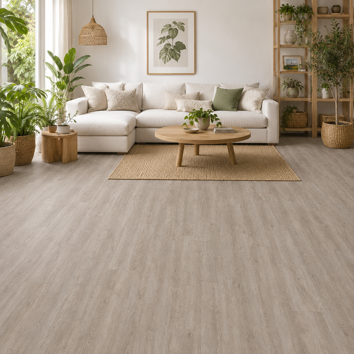 Liberty Urban 55 Aria Klebevinyl in warm-hellem Eichenton, verlegt in einem hellen Wohnzimmer mit Pflanzen