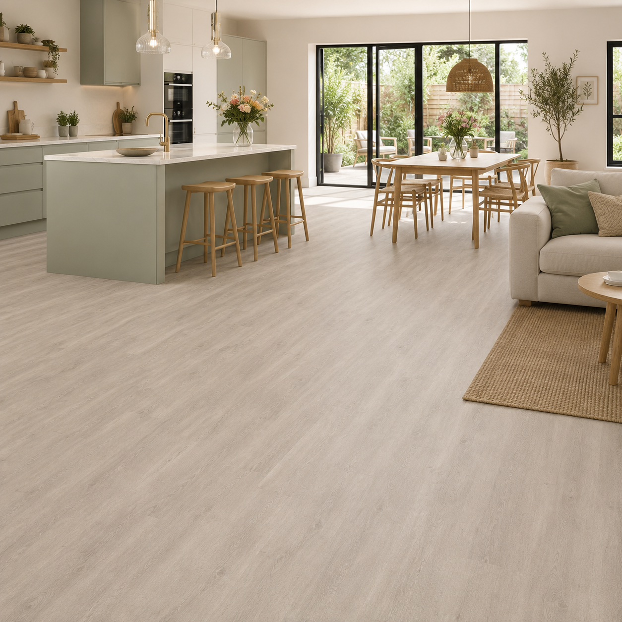 Vinylboden Liberty Urban 55 Dove in einem modernen Wohnzimmer, detailreiche Nahaufnahme des Klebevinyl-Bodenbelags.