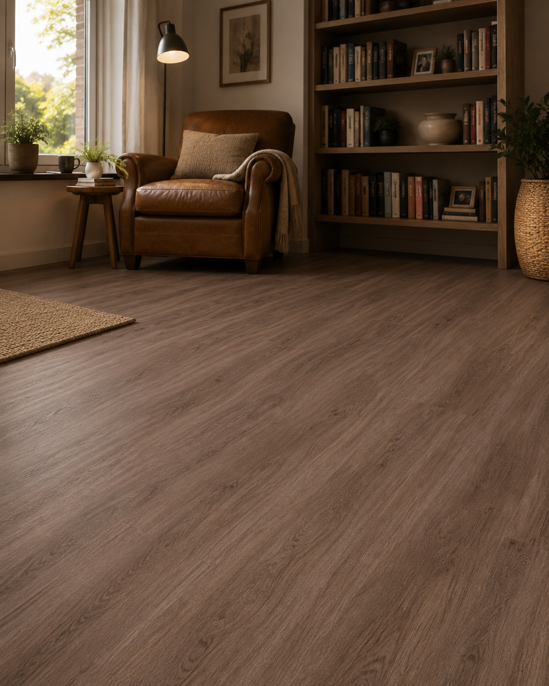 Vinylboden Liberty Urban 55 King in Holzoptik, zeigt eine stilvolle Leseecke mit warmen Holztönen und eleganter Oberfläche.