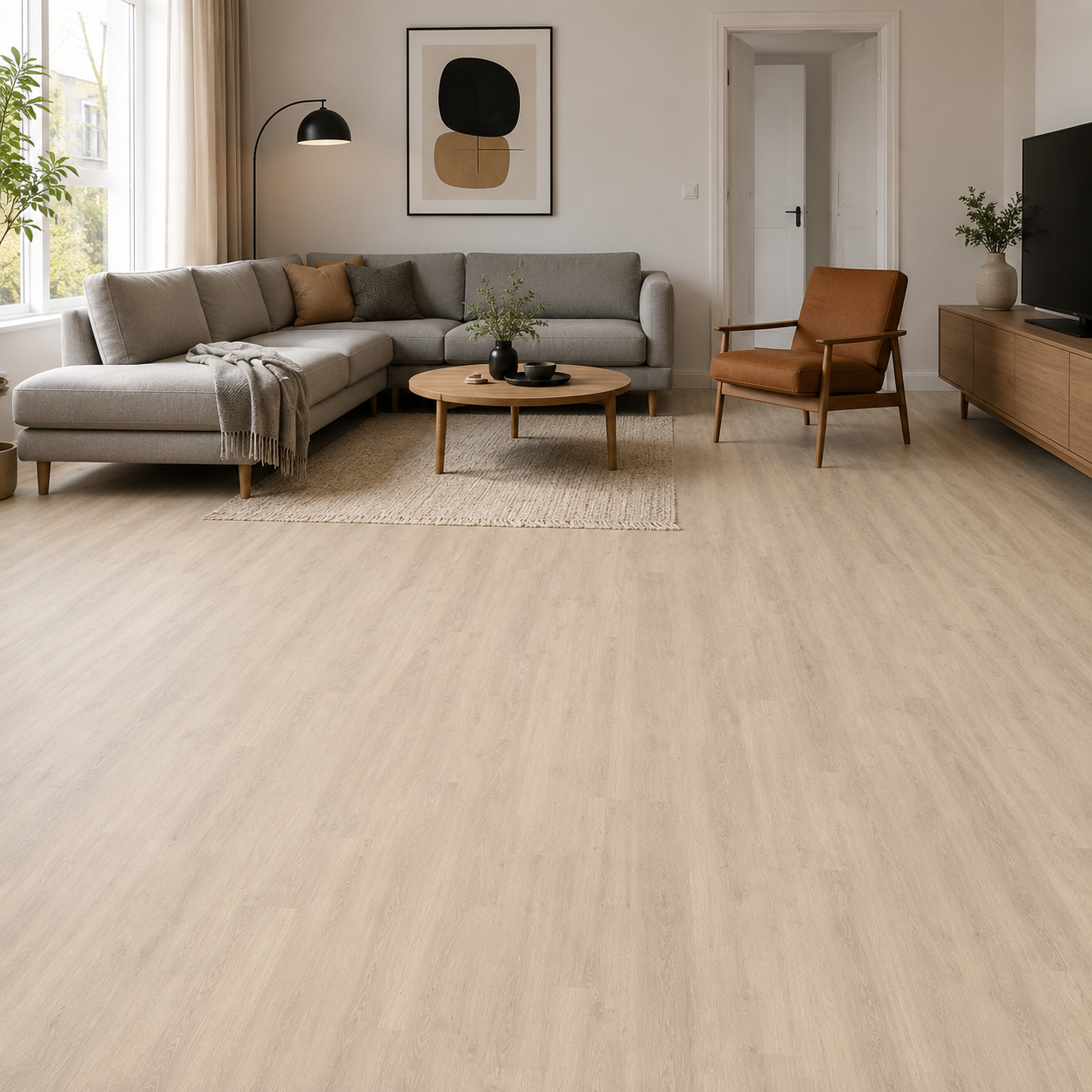 Liberty Urban 55 Storm Vinylboden im Wohnzimmer, dunkles Klebevinyl mit Holzmaserung und strapazierfähiger Oberfläche.